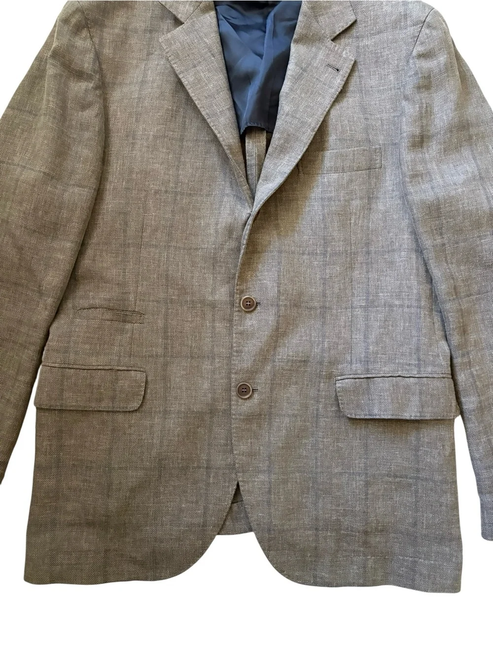 Brunello Cucinelli Linen Wool Silk Gray Windowpane Plaid Blazer Sport Coat IT 54